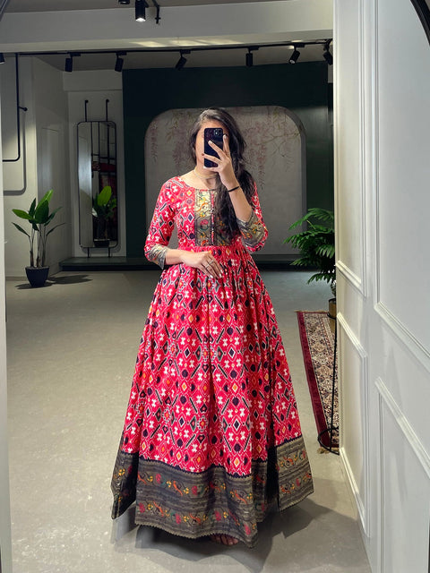 Crimson Color Patola Paithani Printed And Foil Printed Silk Gown Clothsvilla Main image