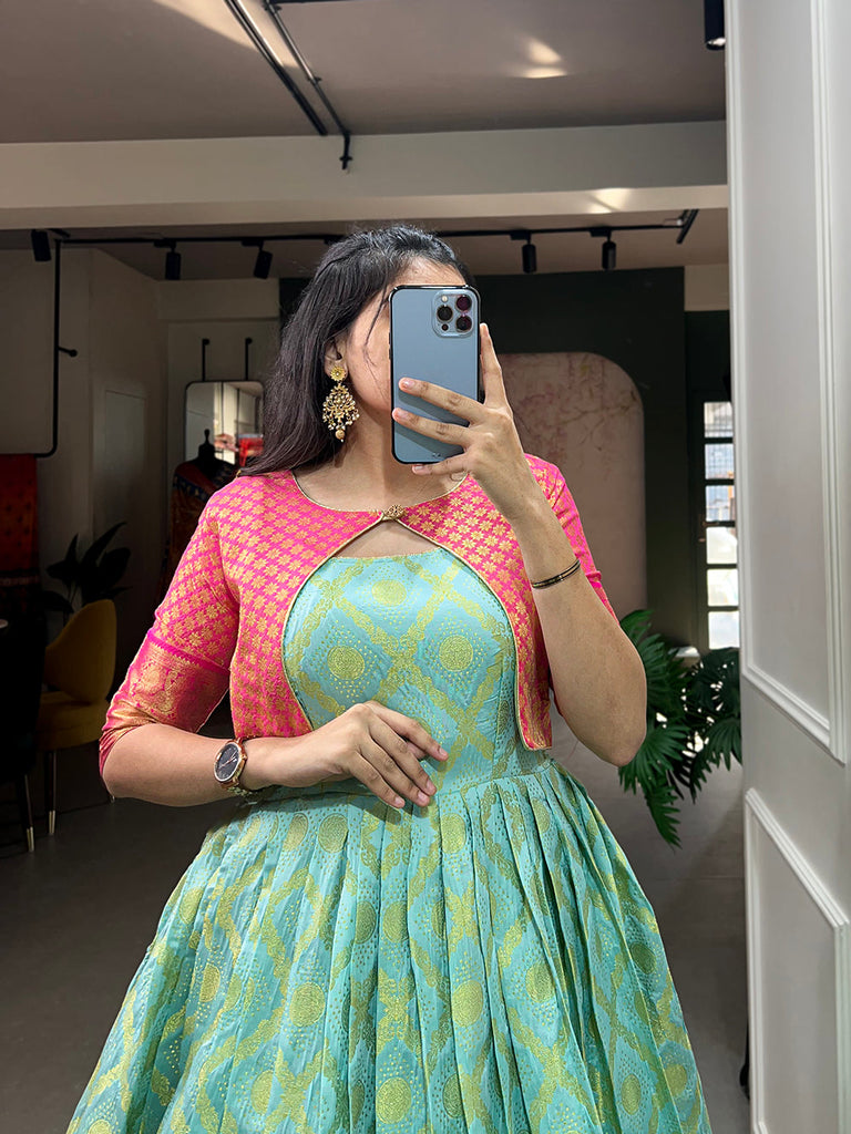 Sky Blue Color Zari Weaving Work Silk Dress Clothsvilla