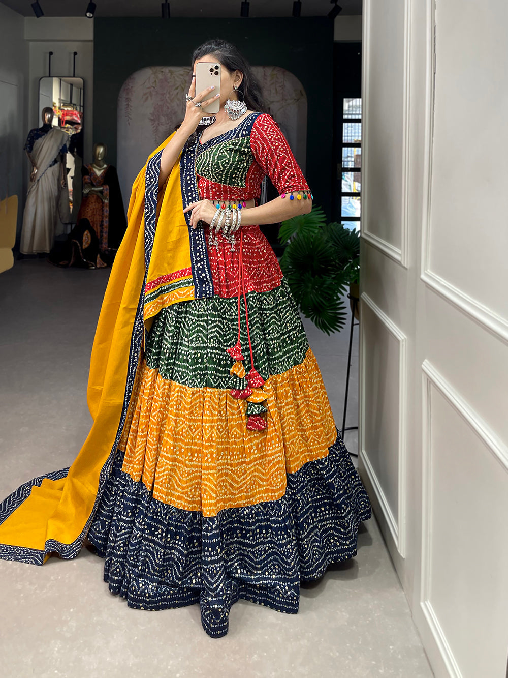 Multi Color Bandhej Printed With Foil Work Rayon Navratri Chaniya Choli ClothsVilla.com