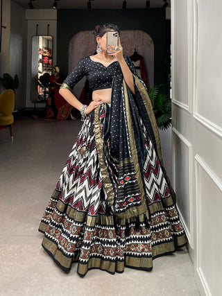 Black Color Leheriya With Foil Work Tussar Silk Lehenga Choli ClothsVilla.com