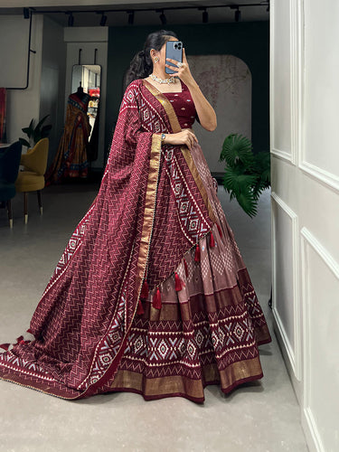 Maroon Color Dot And Ikkat Print With Foil Work Tussar Silk Lehenga Choli Clothsvilla