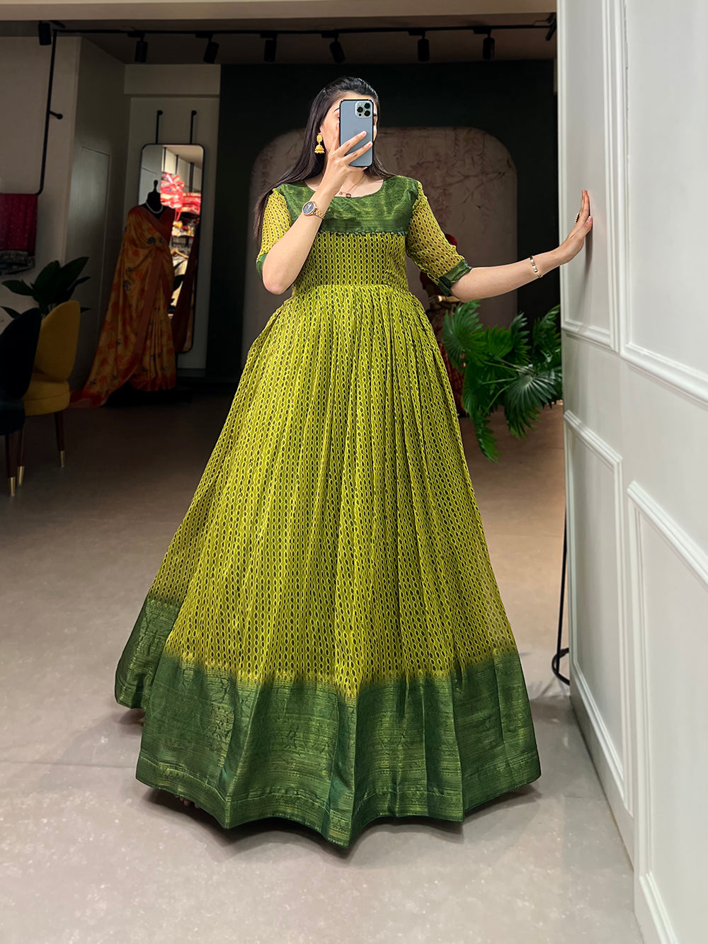 Mehendi Color Print With Zari Patta  Soft Cotton Dress Clothsvilla