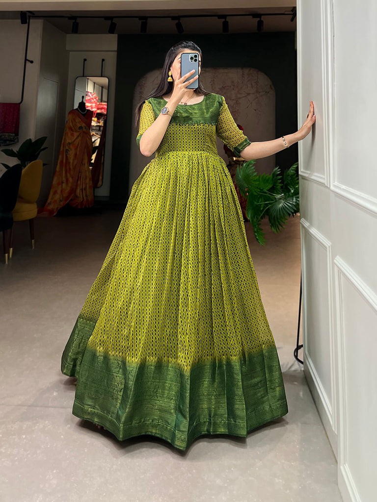 Mehendi Color Print With Zari Patta  Soft Cotton Dress Clothsvilla