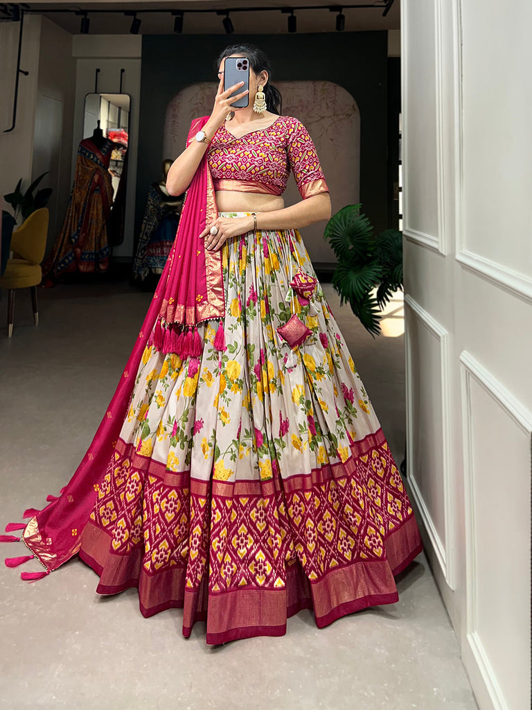 Pink Color Floral And Patola Printed With Foil Work Tussar Silk Lehenga Choli Clothsvilla