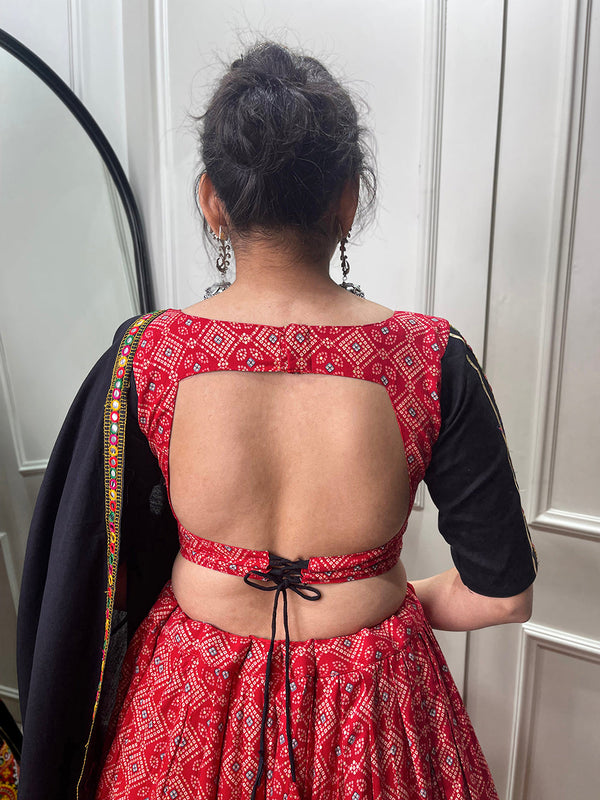 Red Color Printed And Gamthi Work With Mirror Work Cotton Chaniya Choli ClothsVilla.com