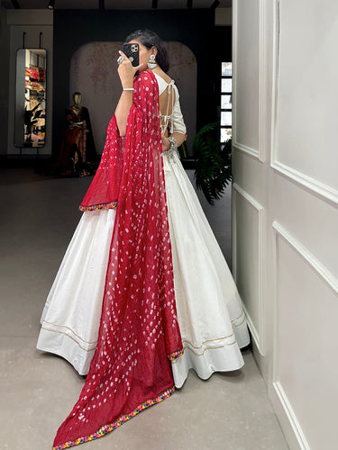 White Color Plain With Gotta Patti Lace Border Cotton Lehenga Choli ClothsVilla.com