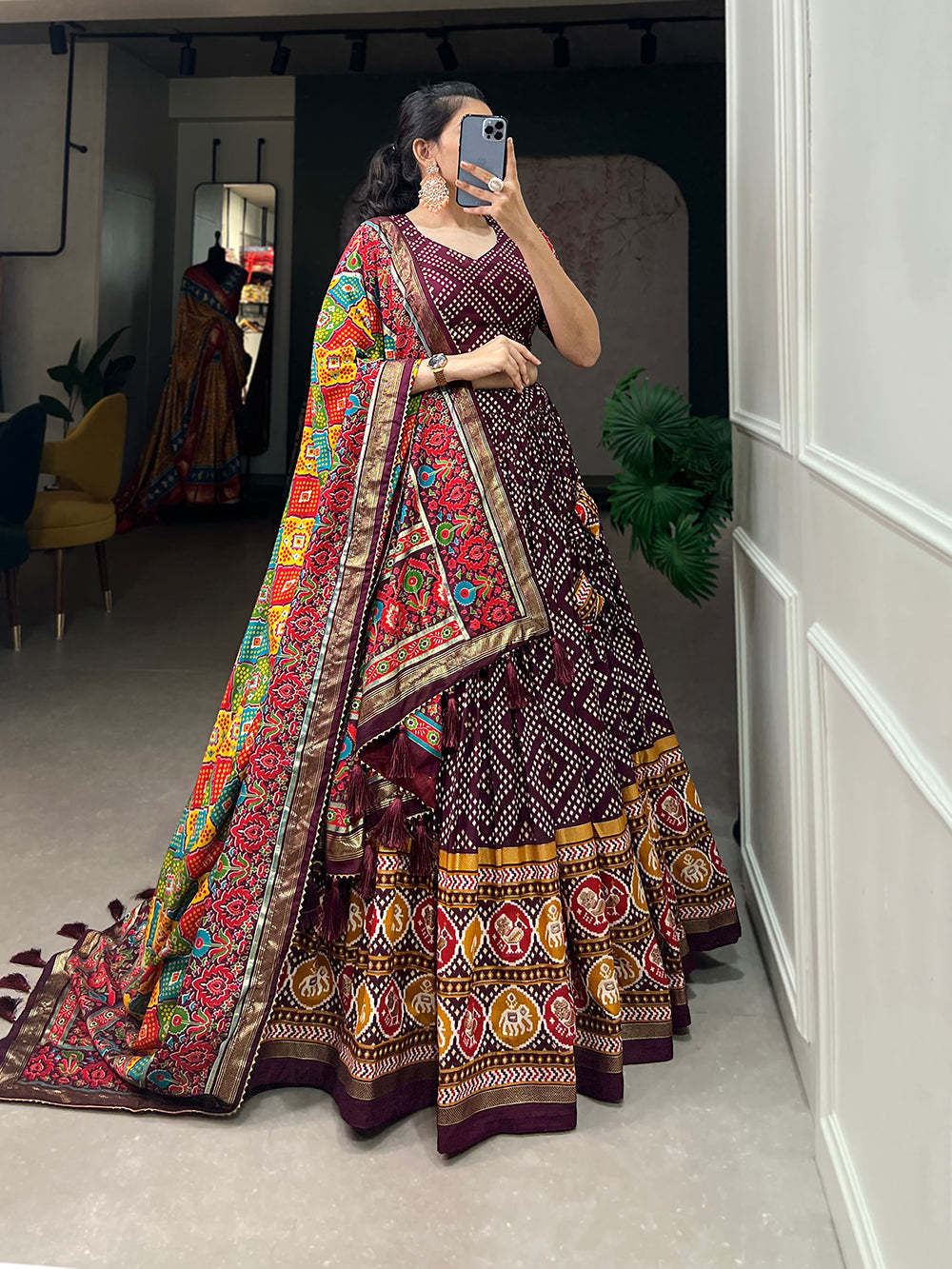 Wine Color Bandhej And Patola Print With Foil Work Tussar Silk Lehnga Choli Clothsvilla