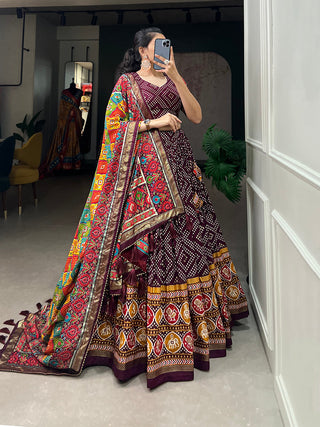 Wine Color Bandhej And Patola Print With Foil Work Tussar Silk Lehnga Choli Clothsvilla