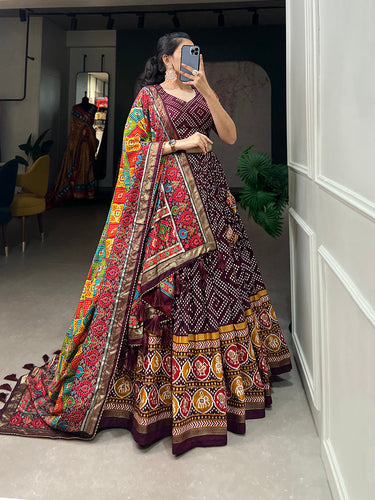 Wine Color Bandhej And Patola Print With Foil Work Tussar Silk Lehnga Choli Clothsvilla