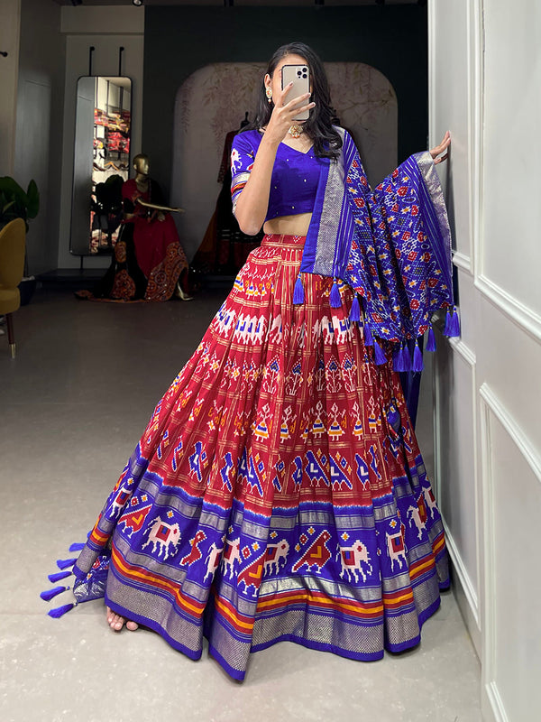 Red Color Patola Printed With Foil Work Tussar Silk Lehenga Choli ClothsVilla