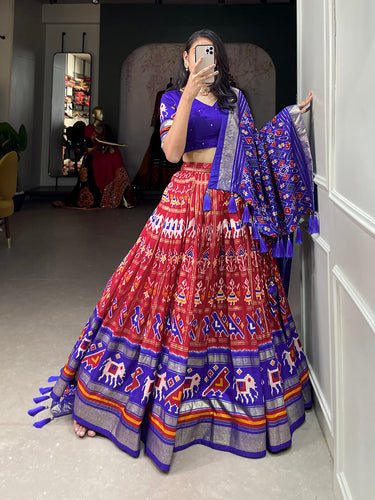 Red Color Patola Printed With Foil Work Tussar Silk Lehenga Choli ClothsVilla