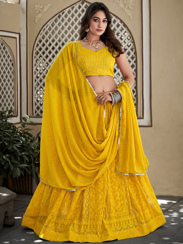 Yellow Color Lucknowi Thread & Sequins Embroidery Work Georgette Lehenga Choli ClothsVilla.com