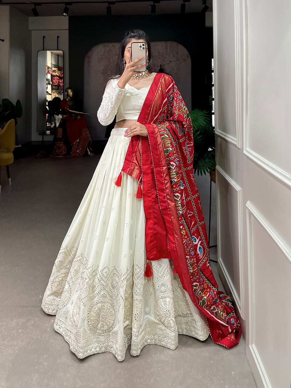 White Color Lucknowi Paper Mirror Work Georgette lehenga Choli ClothsVilla.com