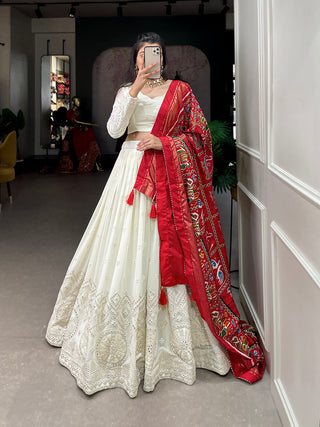 White Color Lucknowi Paper Mirror Work Georgette lehenga Choli ClothsVilla.com
