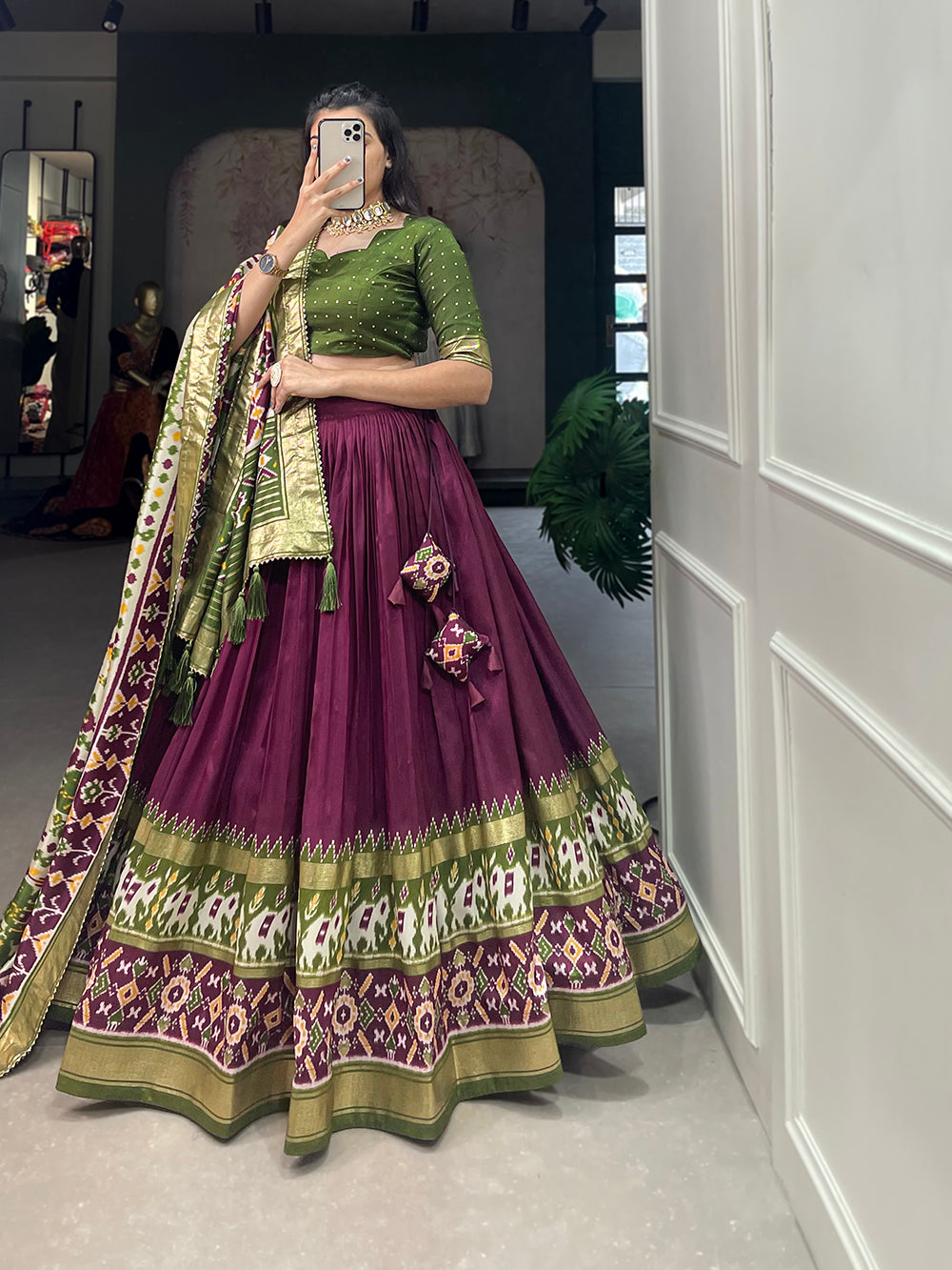 Wine Color Patola Print With Foil Work Tussar Silk Lehenga Choli ClothsVilla.com