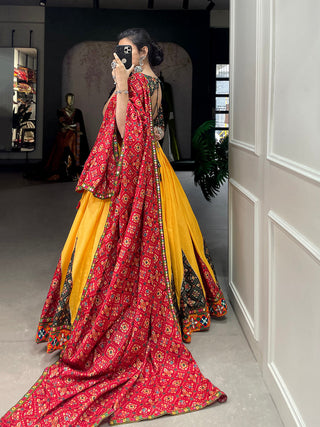 Yellow Color Printed And Gamthi Work Lace Border Cotton Lehenga Choli ClothsVilla.com