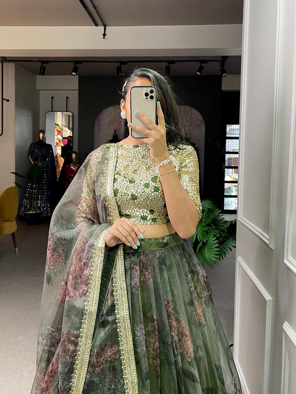 Mehndi Color Printed And Sequins Embroidery Lace Border Organza Lehenga Choli ClothsVilla.com