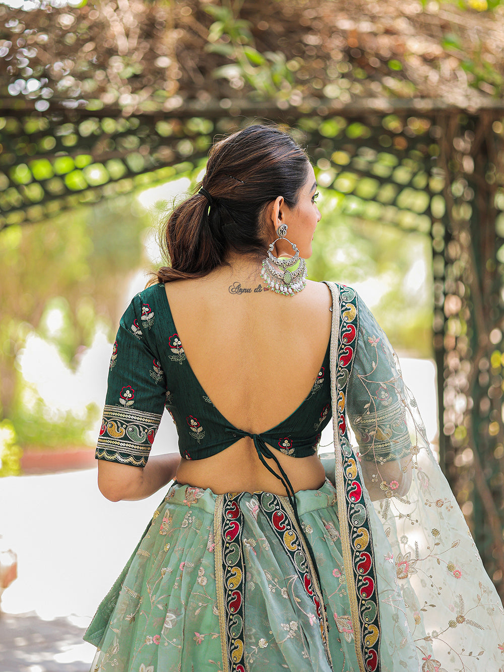 Pista Color Thread Embroidery Work With Lace Border Organza Lehenga Choli ClothsVilla.com