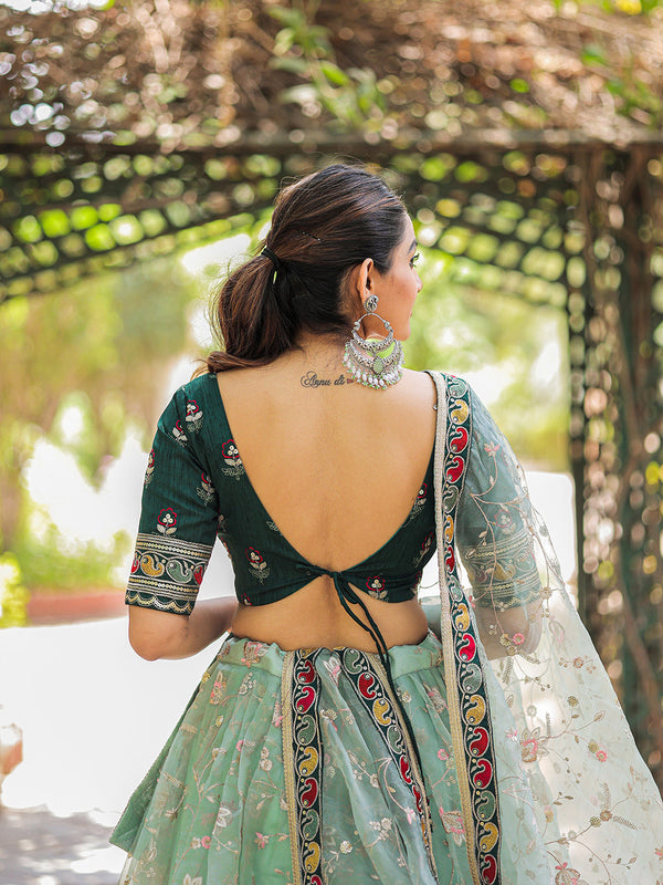 Pista Color Thread Embroidery Work With Lace Border Organza Lehenga Choli ClothsVilla.com