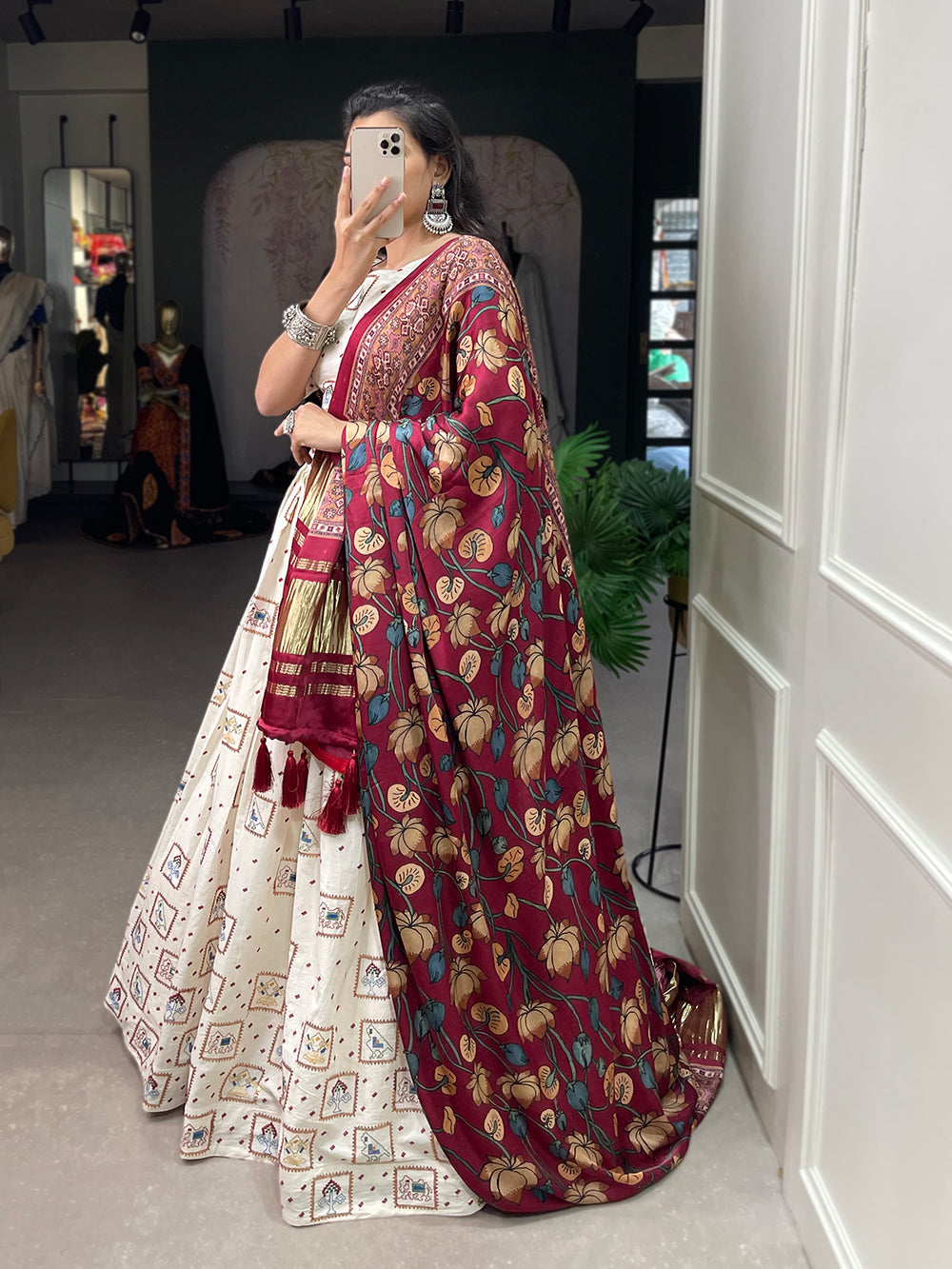 Square Design Sequins And Thread Embroidery Work Khadi Cotton Traditional lehenga Choli Clothsvilla
