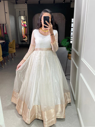 White Color Zari Weaving Work Organza Chex Gown Clothsvilla