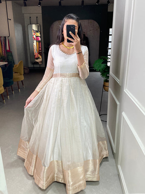White Color Zari Weaving Work Organza Chex Gown Clothsvilla Main image