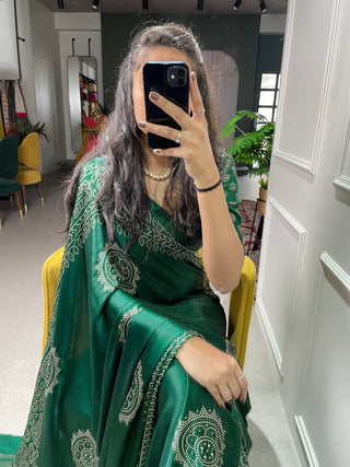 Green Color Printed And Foil Work Semi Gaji Satin Saree Clothsvilla
