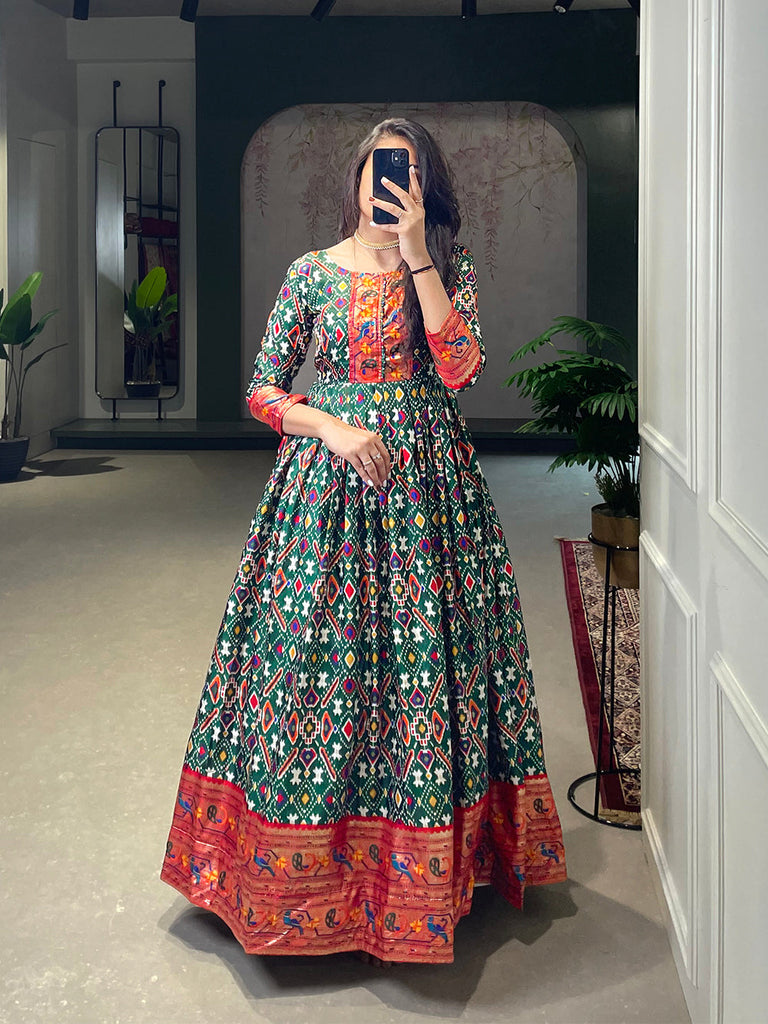 Green Color Patola Paithani Printed And Foil Printed Silk Gown Clothsvilla