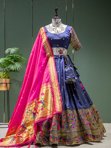 Navy Blue Color Weaving Zari Work Jacquard Paithani Lehenga Sets Clothsvilla