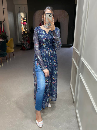 Navy Blue Color Floral Printed Chiffon Naira Cut Kurti Clothsvilla