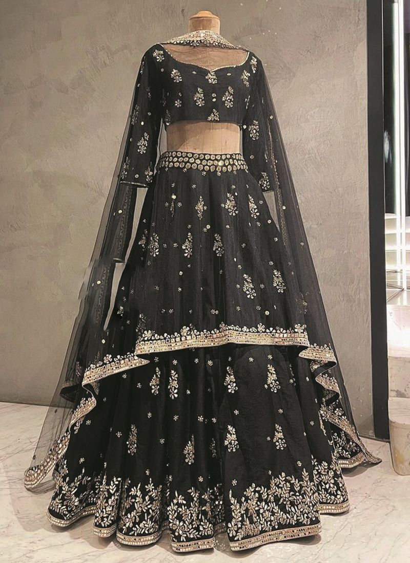 Black colored paper Mirror work Silk Lehenga Choli ClothsVilla Main image