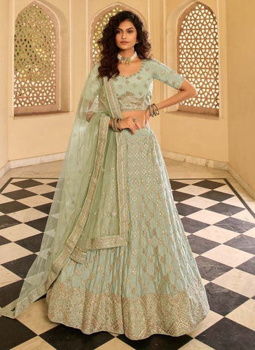 Trendy Pista Green Crepe Stone Work Lehenga Clothsvilla