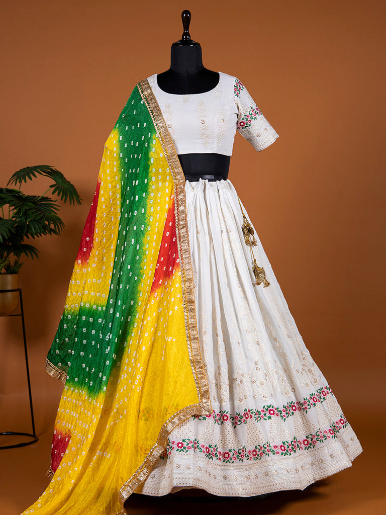 White Color Lucknowi Embroidery Work Georgette Lehenga Choli With Bandhej Dupatta Clothsvilla