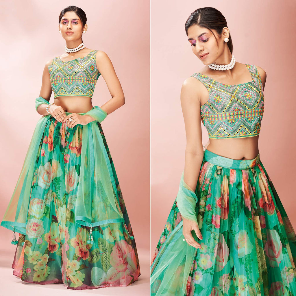 Turquoise Embellished With Printed Organza Lehenga Choli Clothsvilla