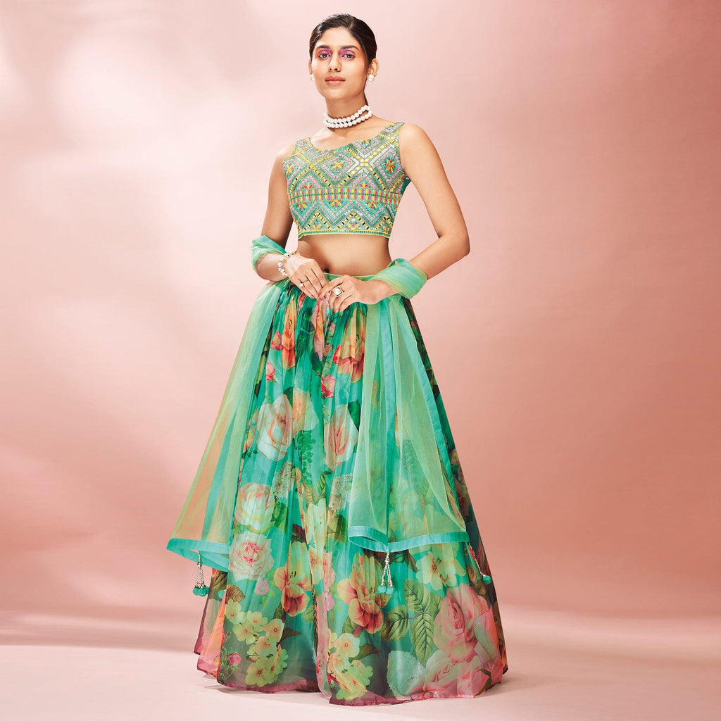 Turquoise Embellished With Printed Organza Lehenga Choli Clothsvilla