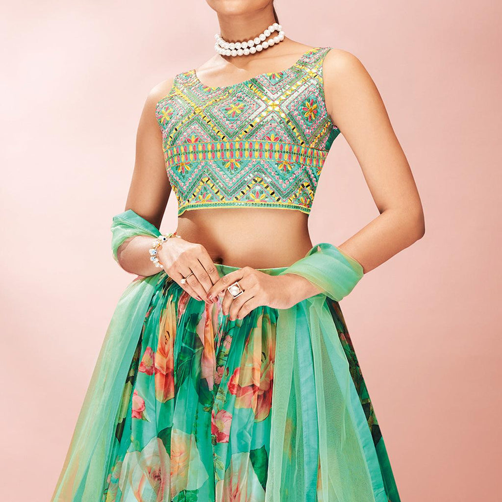 Turquoise Embellished With Printed Organza Lehenga Choli Clothsvilla