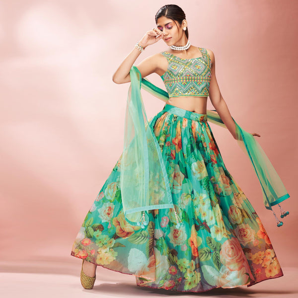 Turquoise Embellished With Printed Organza Lehenga Choli Clothsvilla