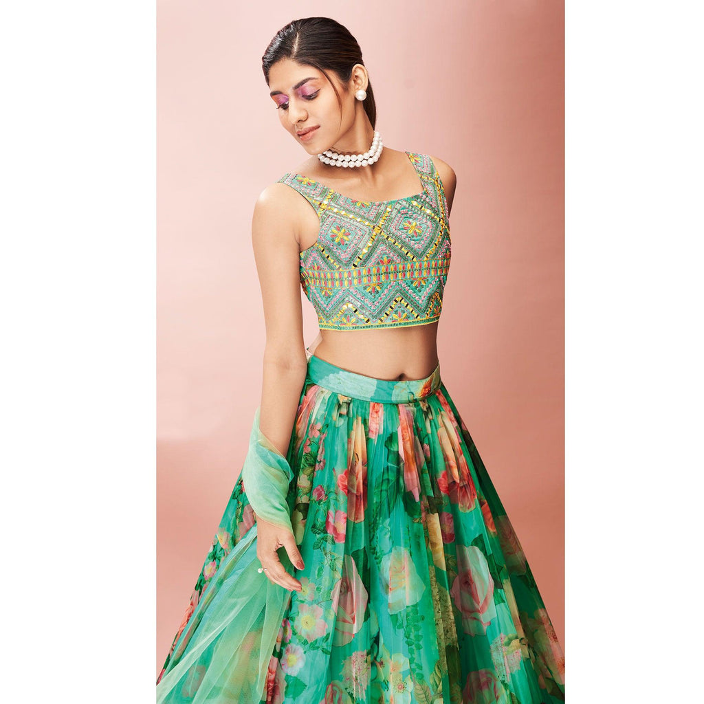 Turquoise Embellished With Printed Organza Lehenga Choli Clothsvilla