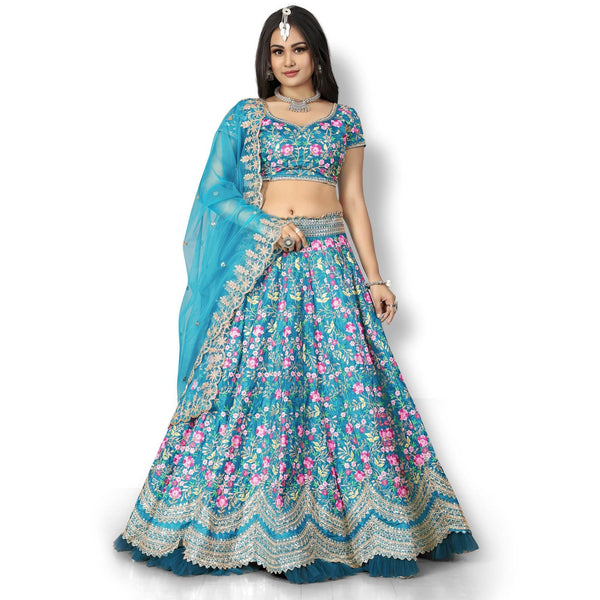 Turquoise Party Wear Sequins Embroidered Silk Lehenga Choli Clothsvilla