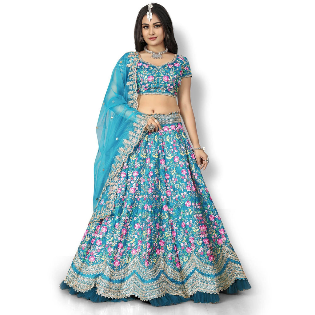 turquoise party wear sequence embroidered silk lehenga choli peachmode