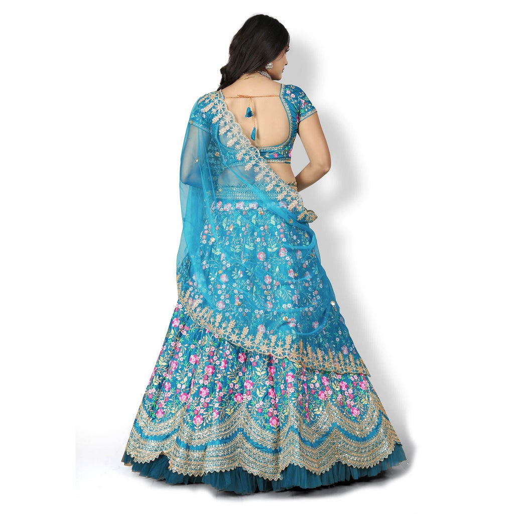 Turquoise Party Wear Sequins Embroidered Silk Lehenga Choli Clothsvilla