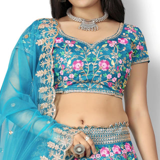 Turquoise Party Wear Sequins Embroidered Silk Lehenga Choli Clothsvilla