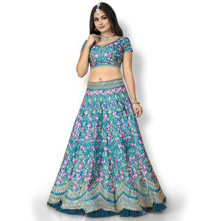 Turquoise Party Wear Sequins Embroidered Silk Lehenga Choli Clothsvilla
