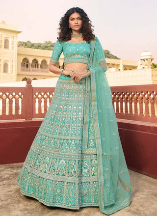 Turquoise Zari And Sequins Work Organza Lehenga For Bridesmaid Clothsvilla
