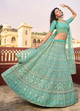 Turquoise Zari And Sequins Work Organza Lehenga For Bridesmaid Clothsvilla
