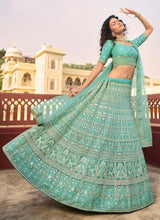 Load image into Gallery viewer, Turquoise Zari And Sequins Work Organza Lehenga For Bridesmaid Clothsvilla