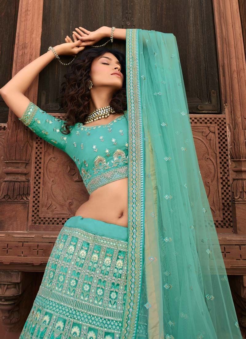 Turquoise Zari And Sequins Work Organza Lehenga For Bridesmaid Clothsvilla