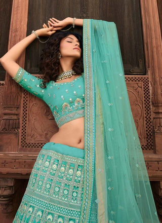 Turquoise Zari And Sequins Work Organza Lehenga For Bridesmaid Clothsvilla