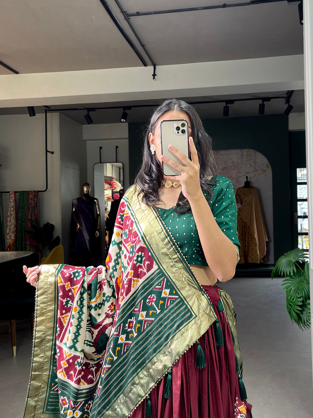 Maroon Color Gujrati Patola Print With Foil Work Tussar Silk Lehenga Choli ClothsVilla
