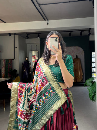 Maroon Color Gujrati Patola Print With Foil Work Tussar Silk Lehenga Choli ClothsVilla